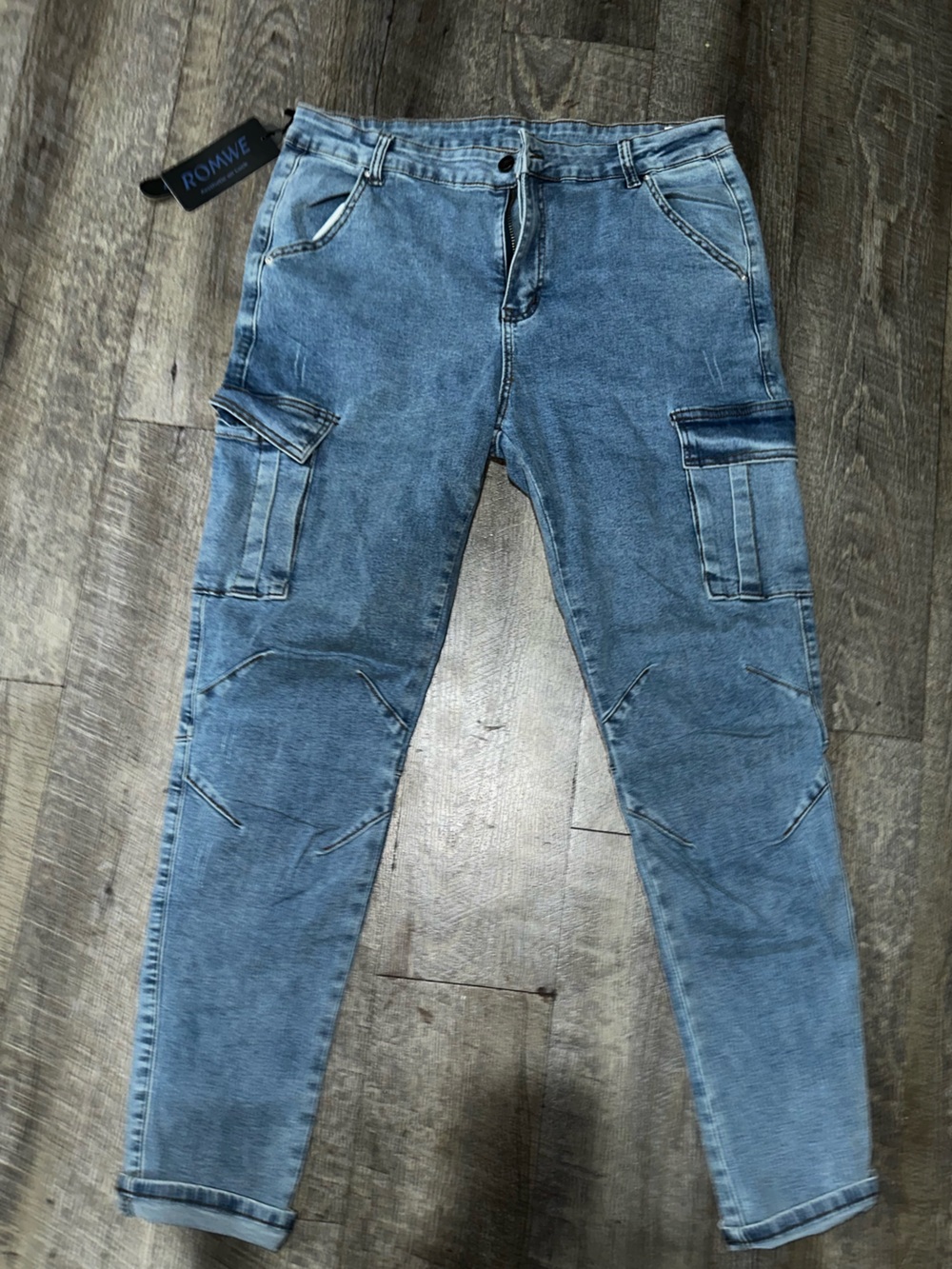 ROMWE Men's Skinny Light Blue Denim Cargo Jeans